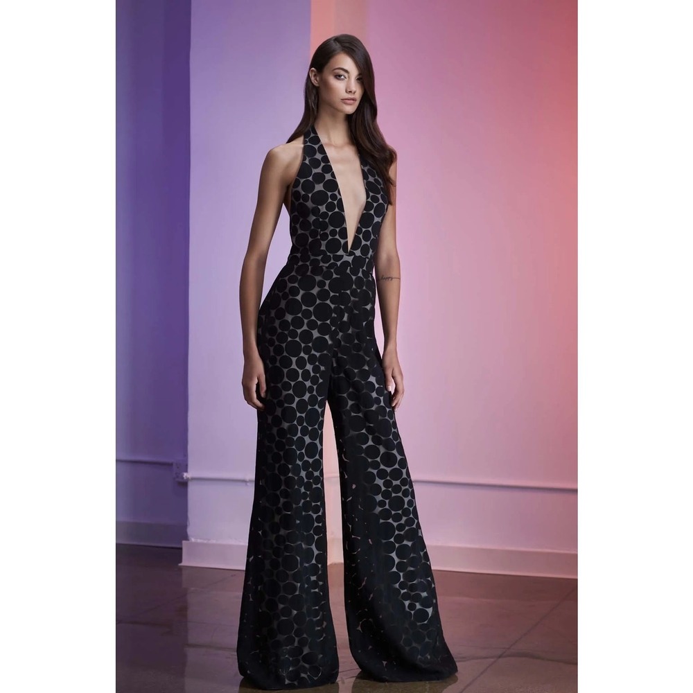 Cushnie Halter Neck Wide Leg Polka Dot Jumpsuit Size 2 Black Chic Sexy Flowy